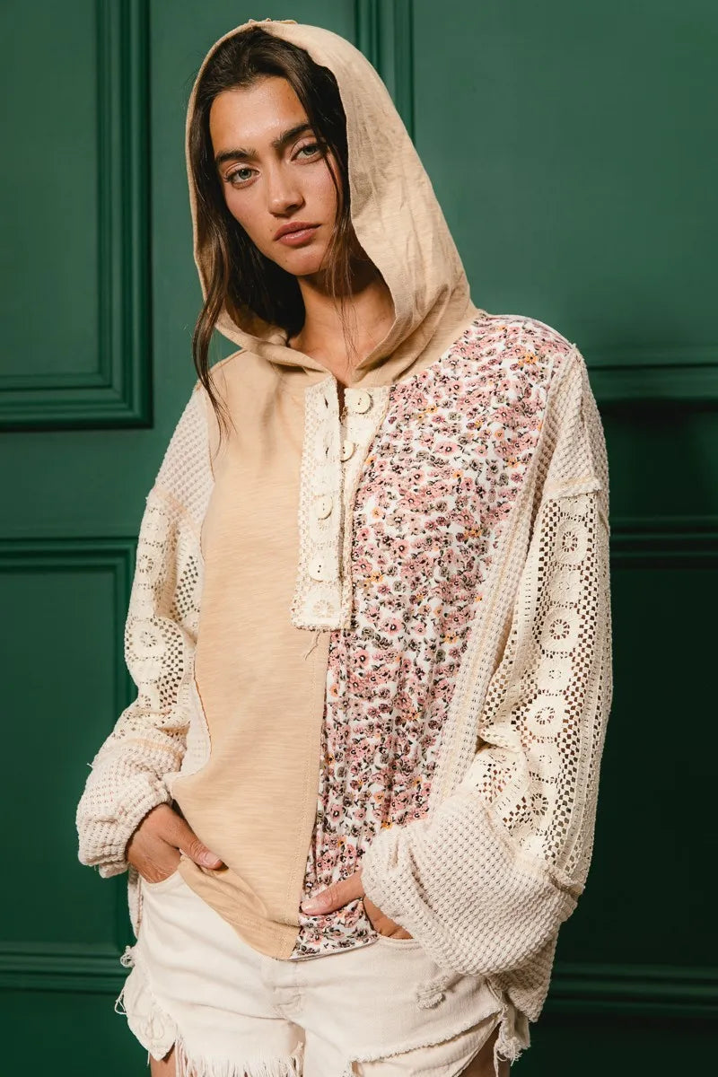 BiBi Slub Jersey with Lace Combo Buttoned Hoodie Top