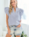 First Love Full Size Striped Flutter Sleeve Blouse