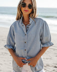Chambray Ruffle Short Puff Sleeve Buttoned Shirt