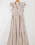 Stripe Flutter Sleeve Buttoned V-Neck Maxi Dress