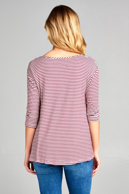 e Luna Striped Jersey Lace Up Neck Casual Top