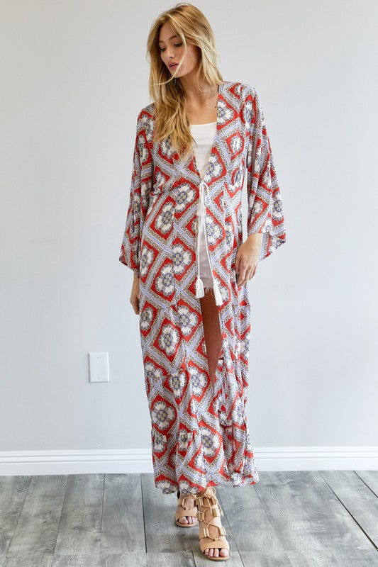 Davi &amp; Dani Printed Long Sleeve Loose Kimono - Online Only