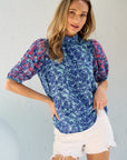 Hailey & Co Embroidered Puff Sleeve Printed Blouse