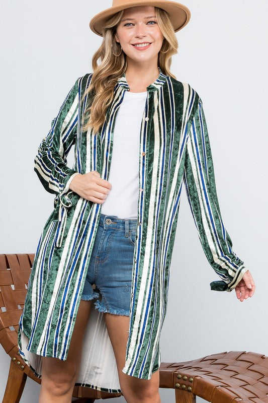 e Luna Striped Velvet Long Cardigan