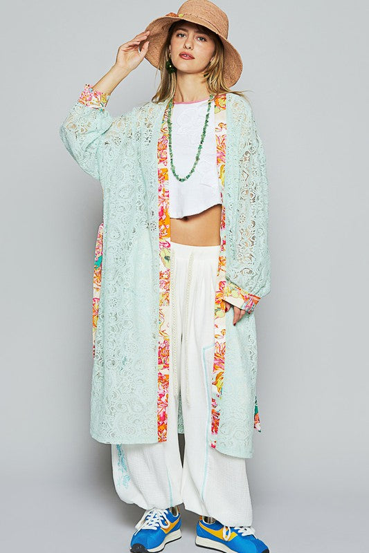 POL Floral Trim Lace Open Front Longline Cardigan