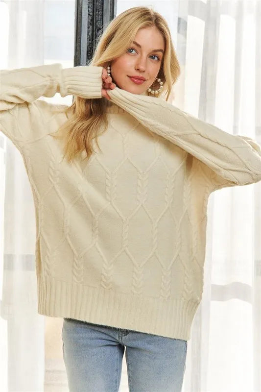 ADORA Braid Diamond Pattern Sweater in Beige