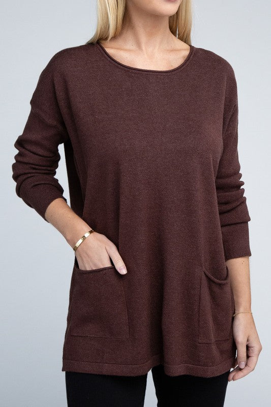 Zenana Viscose Front Pockets Sweater