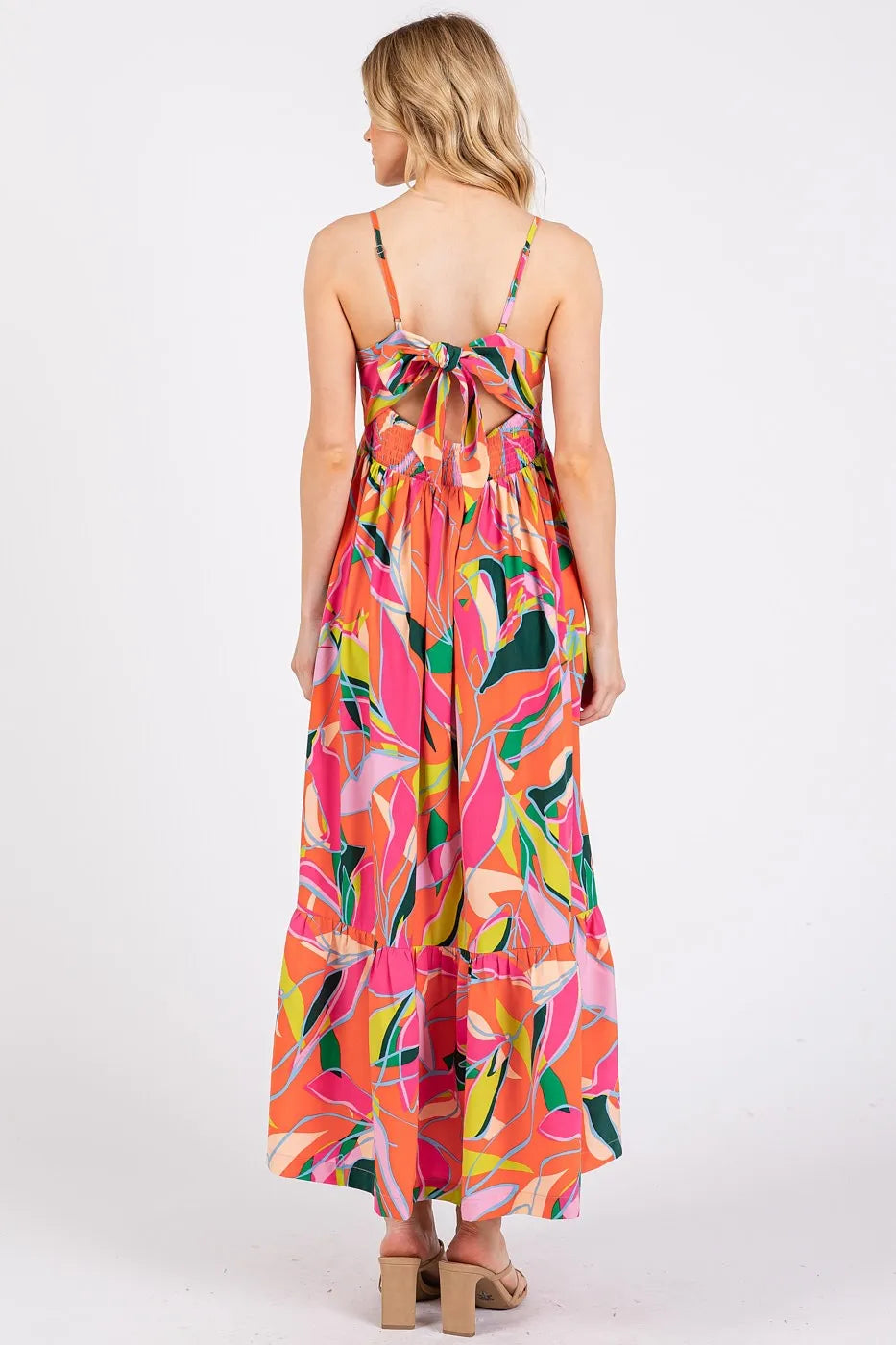 Mittoshop Multicolor Leaf Print Tie Back Maxi Dress in Orange