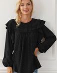 Women Eyelet Ruffle Shoulder Long Sleeve Blouse