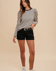 Annie Wear Striped Round Neck Puff Sleeve French Terry Top