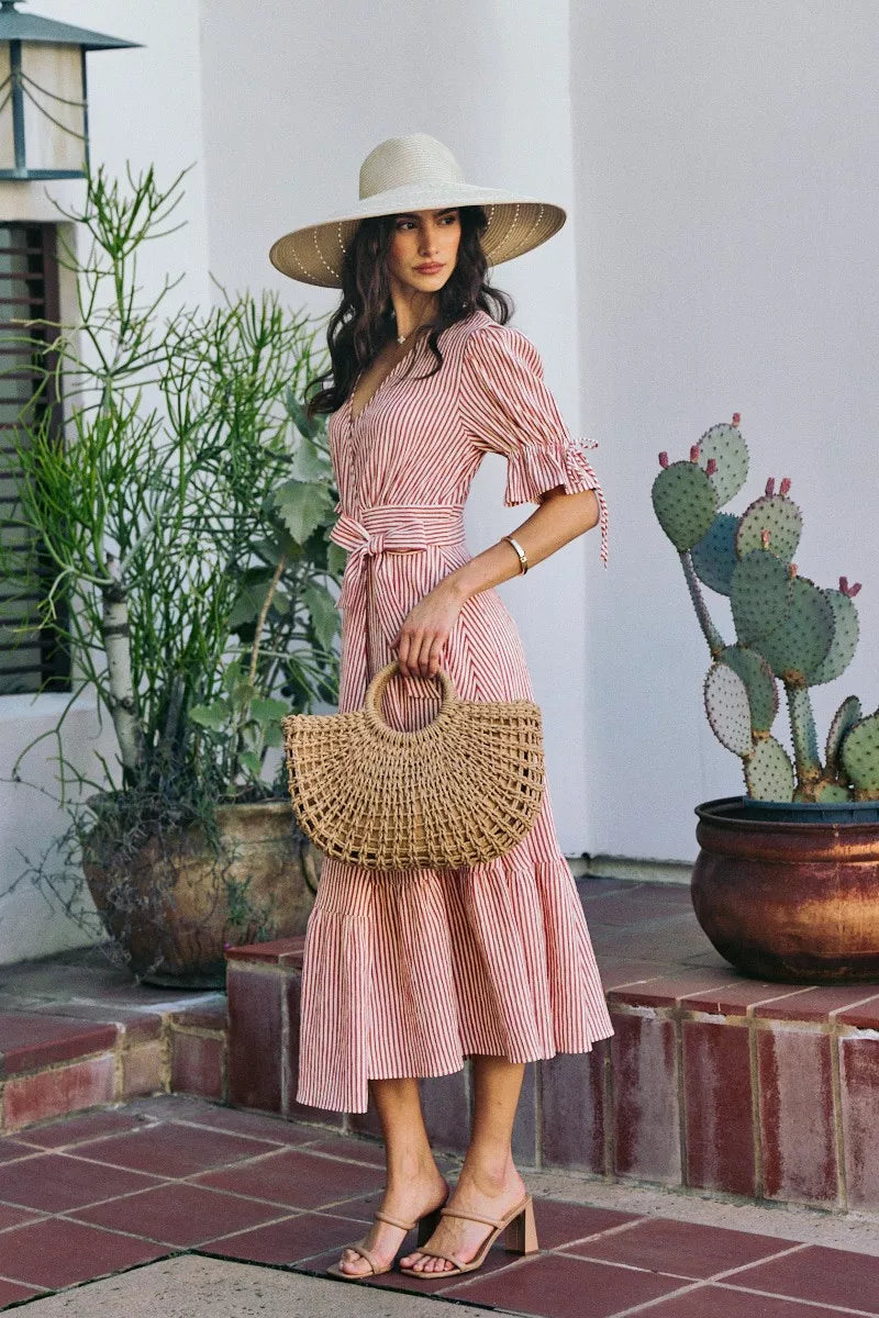 SO ME Stripe Textured Short Sleeves Lined Wrap Midi Dress
