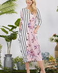 Celeste Full Size Floral Striped Contrast Midi-Dress with Pockets