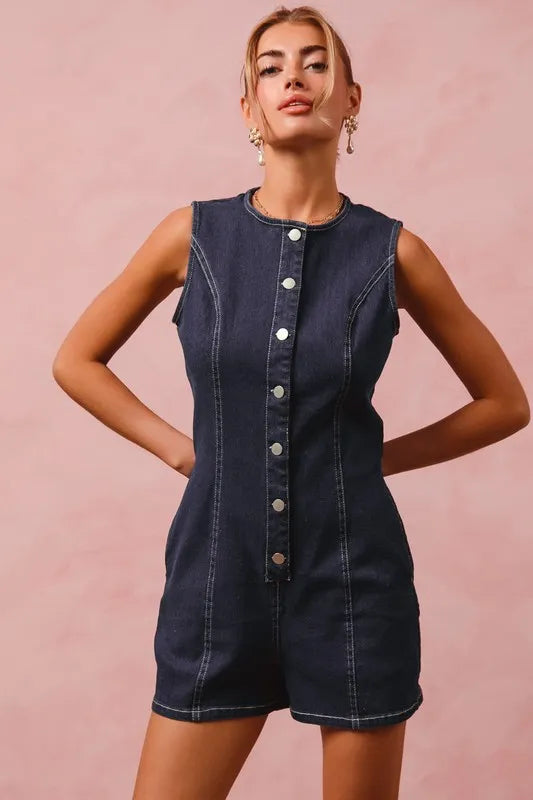 SO ME Button Up Front Washed Denim Sleeveless Romper