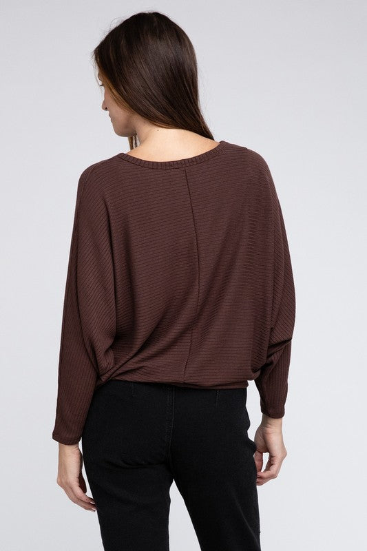 Zenana Ribbed Batwing Long Sleeve Boat Neck Sweater