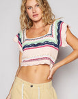 POL Openwork Ethnic Pattern Square Neck Cropped Knit Top