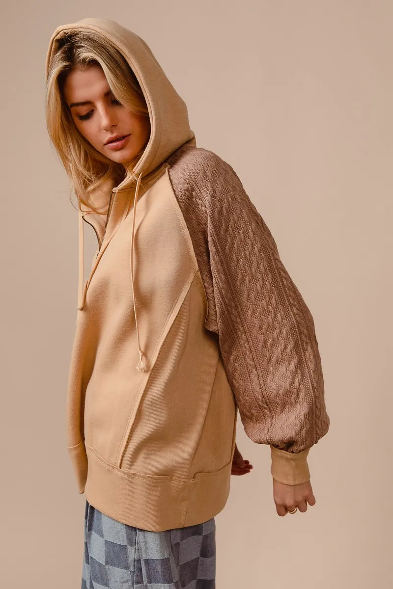 BiBi Half Zip French Terry Hoodie with Kint Sleeves