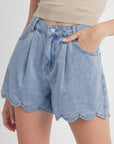 Solid Denim Scalloped Trim High Waist Shorts