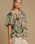 Umgee Full Size Abstract Print Smocked Square Neck Puff Sleeve Blouse