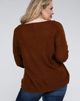 Zenana Plus Brushed Waffle V-Neck Button Detail Sweater