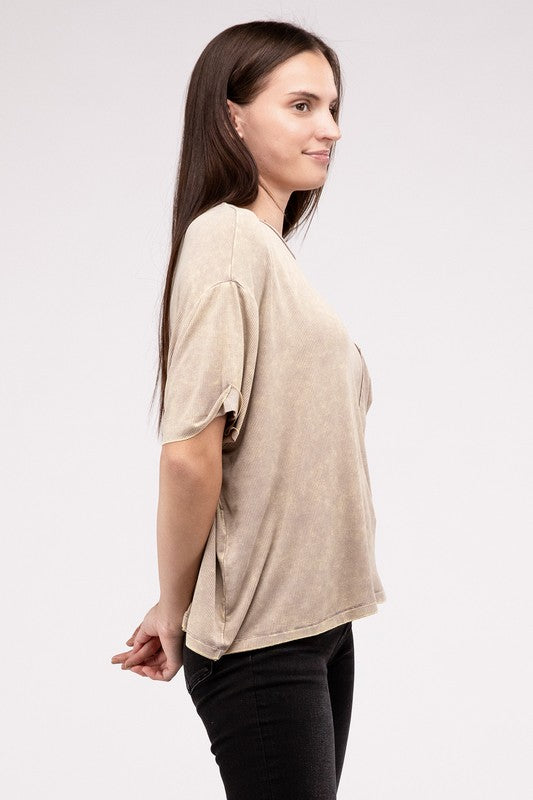 Zenana Washed Ribbed Cuffed Short Sleeve Round Neck Top