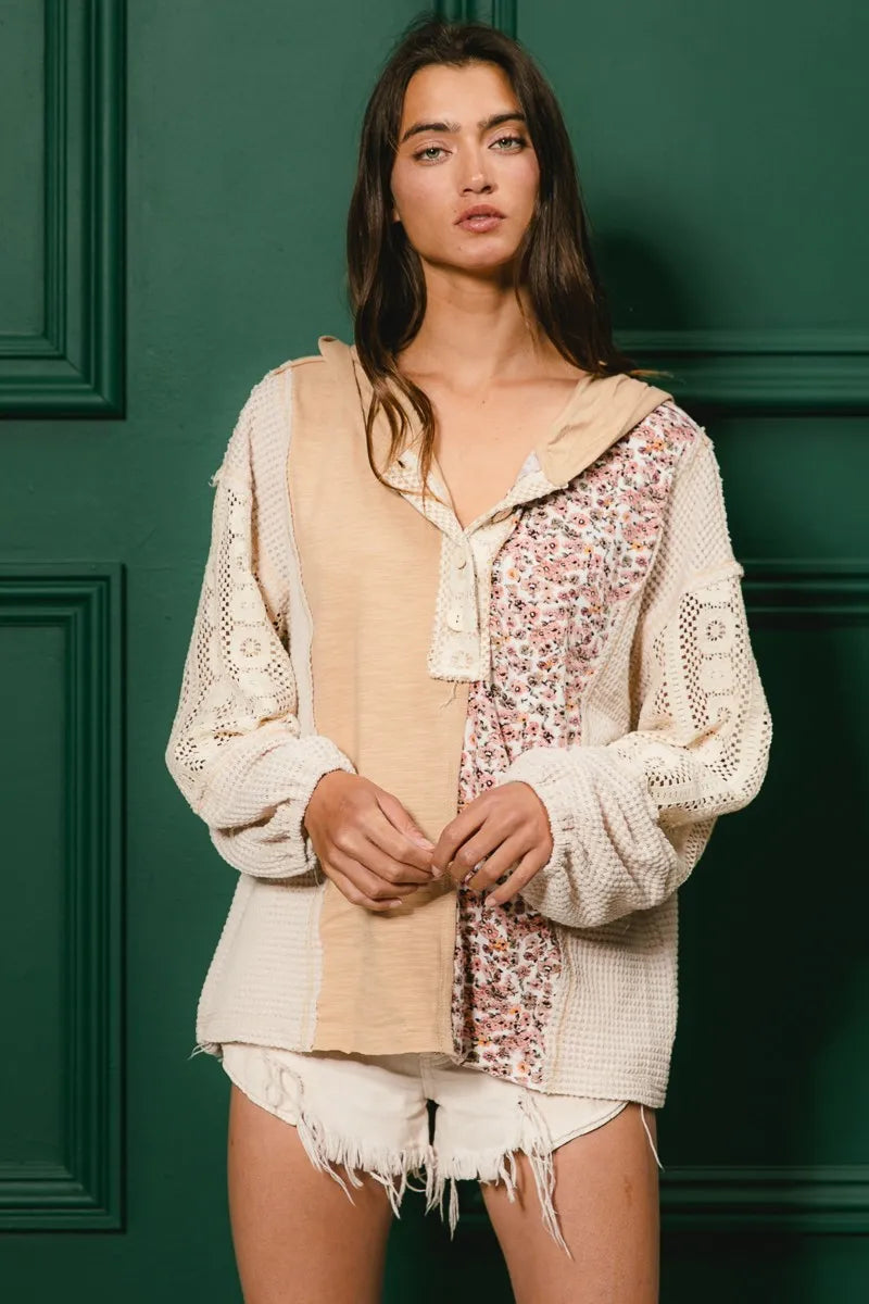 BiBi Slub Jersey with Lace Combo Buttoned Hoodie Top