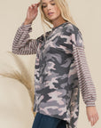 Celeste Full Size Camo Print High-Low T-Shirt with Stripe Sleeves