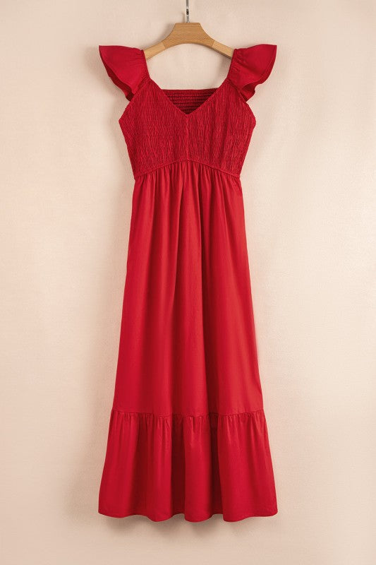 Solid V-Neck Flutter Sleeve Ruffle Maxi Dress