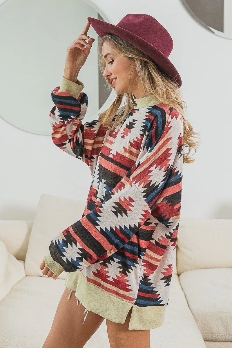 BiBi Aztec Print Mirr Mock Neck Lslv Top
