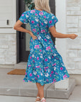Floral Flutter Sleeve Tie Neck Belted Midi Dress