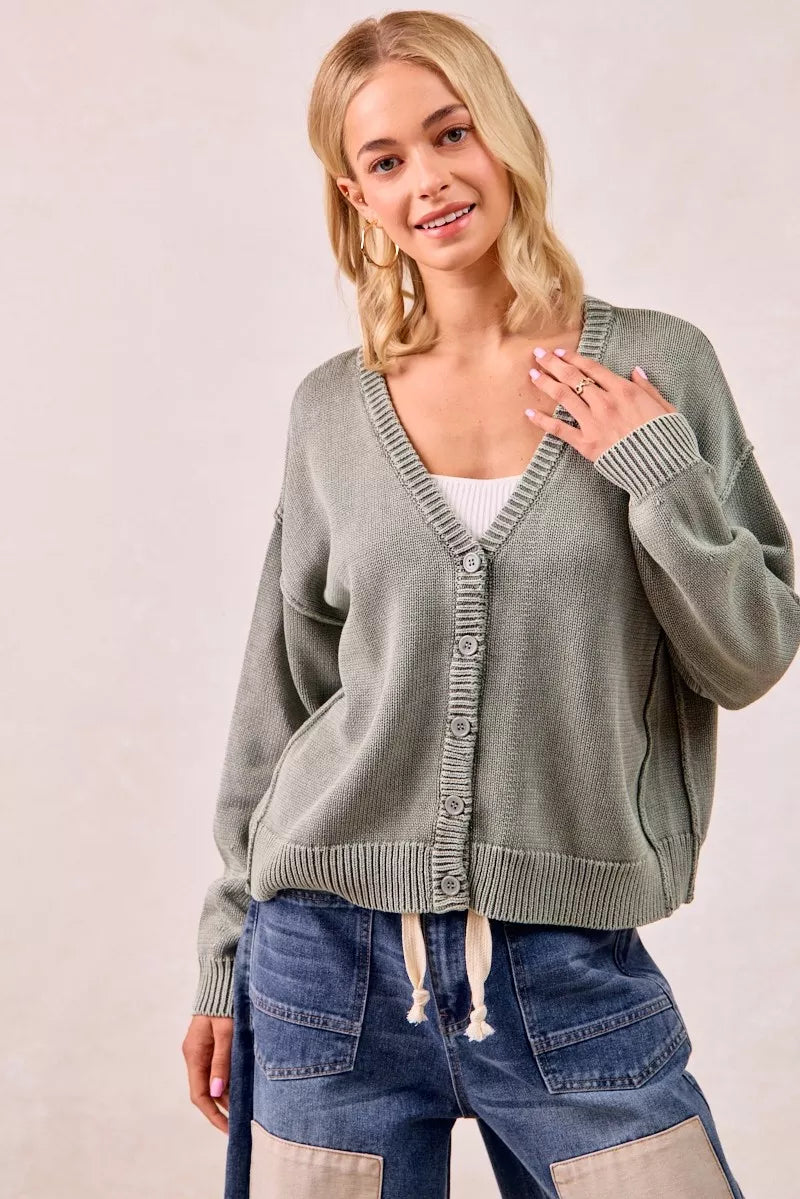 BiBi Washed Sweater V Neck Cardigan in Olive