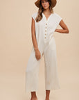 Annie Wear Button Detail Wide Leg Jumpsuit with Pockets