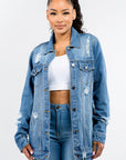 American Bazi Full Size Button Up Distressed Denim Jacket