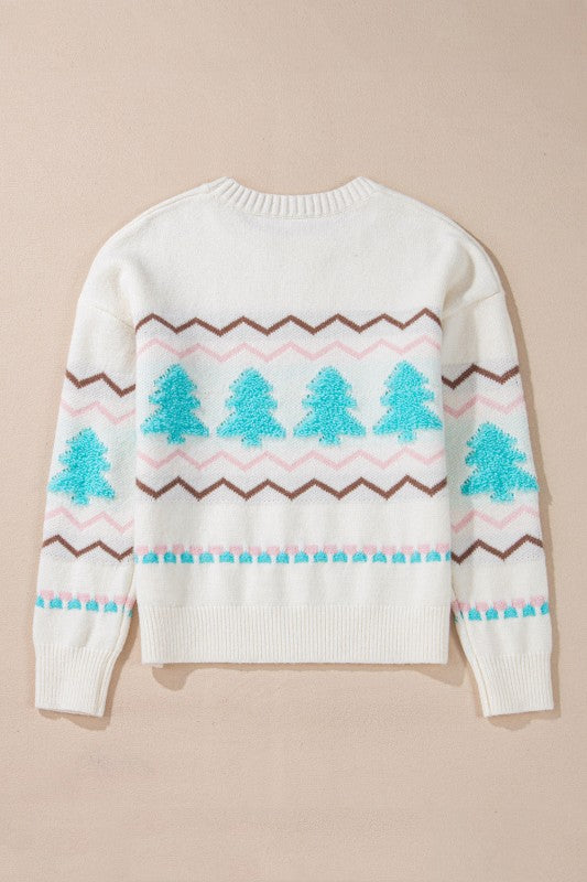 Christmas Tree Chevron Stripe Ribbed Trim Sweater