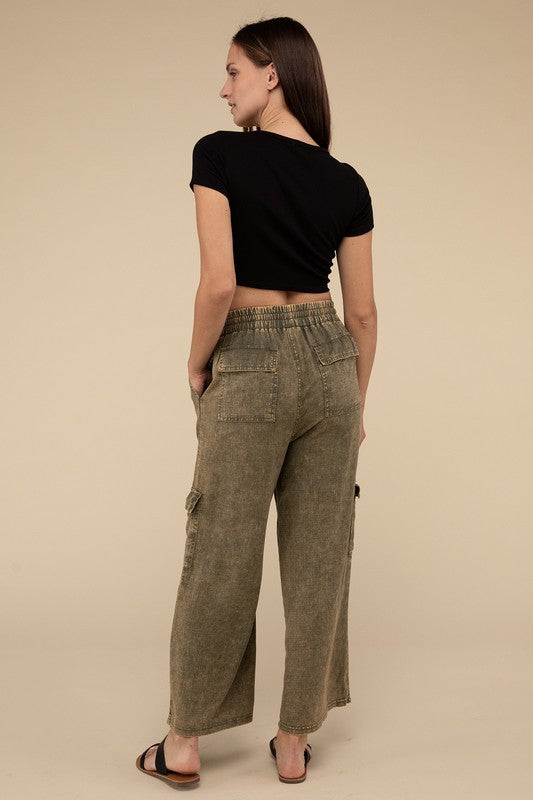 ZENANA Washed Linen Elastic Band Waist Cargo Pants