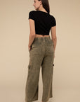 ZENANA Washed Linen Elastic Band Waist Cargo Pants