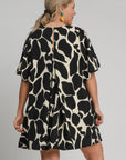 Umgee Full Size Two Tone Abstract Print Puff Sleeve Dress Plus Size