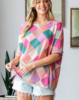 HOPELY Full Size Multi Colored Argyle Side Slit T-Shirt