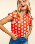 Haptics Round Neck Ruffled Floral Contrast Knit Top