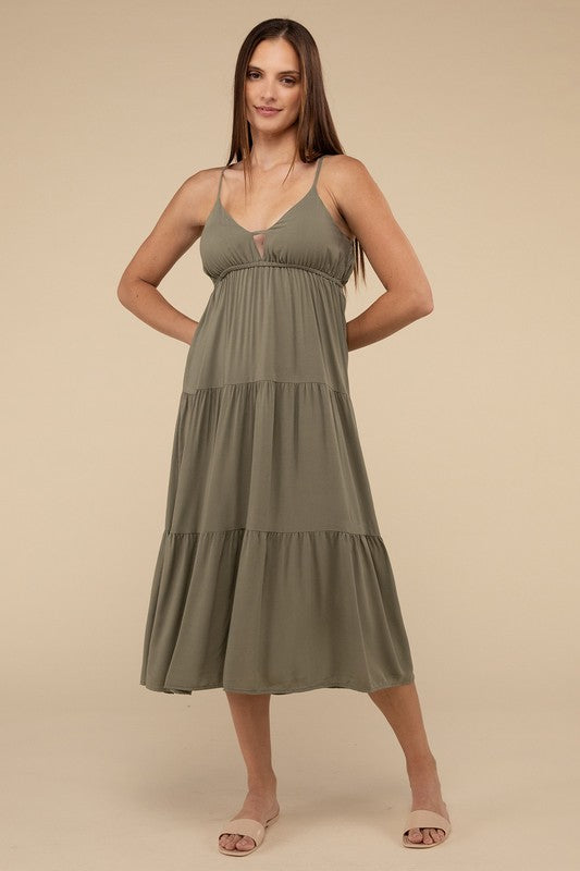 ZENANA Woven Sweetheart Neckline Tiered Cami Midi Dress