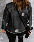 Denim Lapel Distressed Raw Hem Buttoned Jacket
