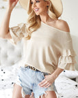 BiBi Waffle Knit Layer Ruffled Sleeve Top