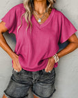 Bright Pink Crinkled V Neck Wide Sleeve T-shirt