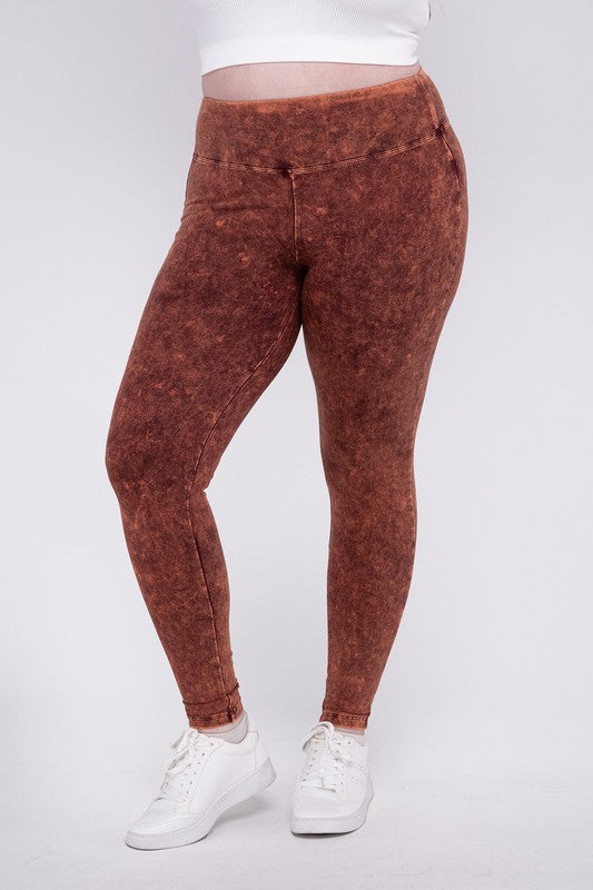 ZENANA Plus Mineral Washed Wide Waistband Yoga Leggings