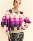 Davi & Dani Checkered Round Neck Long Sleeve Sweater