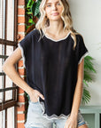 First Love Full Size Contrast Wavy Crochet Drop Shoulder Knit Top