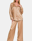 Zenana Satin Long Sleeve Shirt and Pants Pajama Set