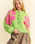 Davi & Dani Flower Contrast Round Neck Long Sleeve Cardigan