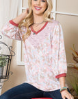 Celeste Full Size Leaf Print Contrast Trim Balloon Sleeve Top