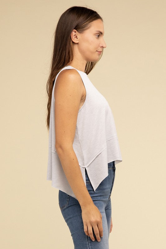 ZENANA Shark Bite Side Slit Short Sleeveless Top