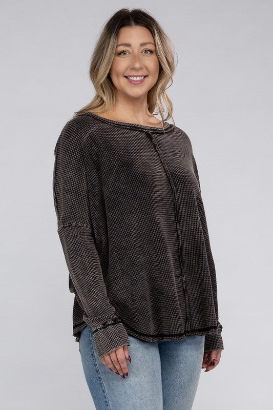 Zenana Plus Washed Baby Waffle Oversized Long Sleeve Top